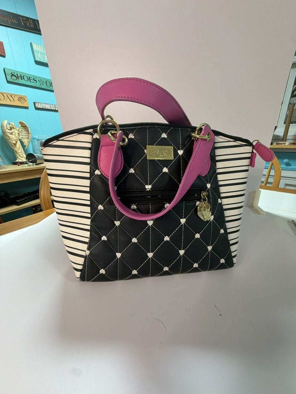 Luv Betsey by Betsey Johnson Quilted Heart Satchel with Striped Side Panels